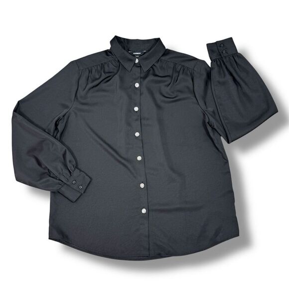 Express Satin Rhinestone Button Up Blouse Shirt Black Large - Picture 13 of 13